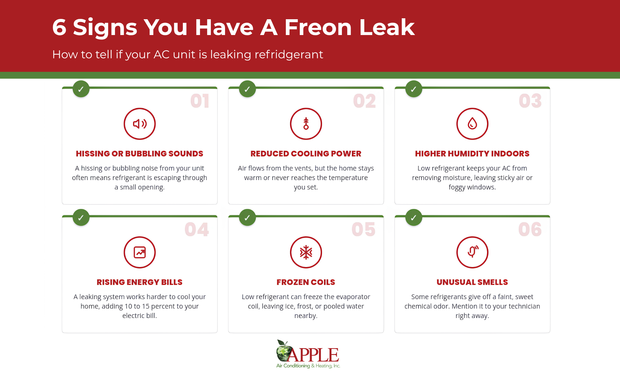Inforgraphic explaining 6 signs you have a freon leak