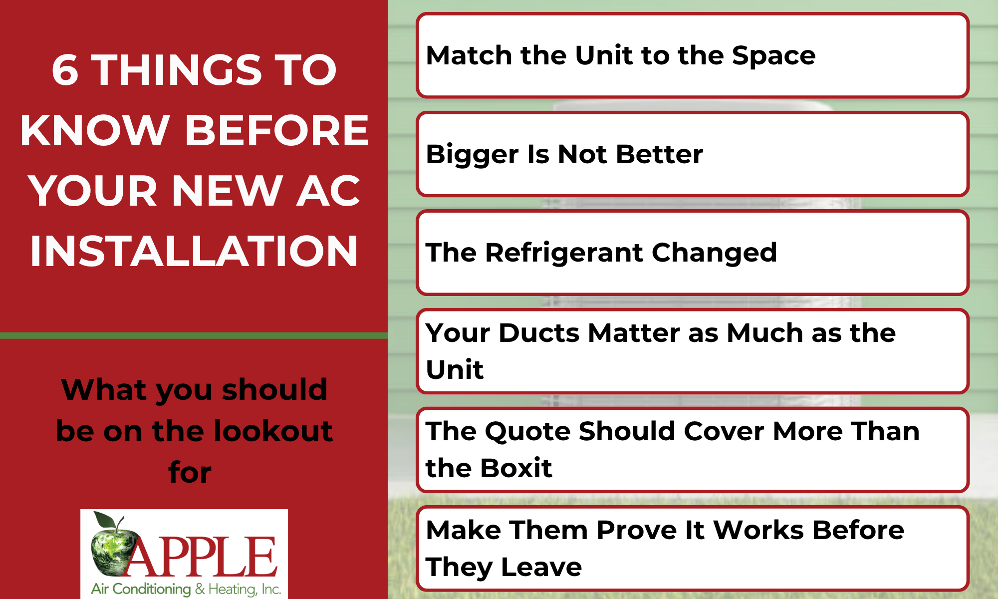 Inforgraphic listing six things to know before a new ac installation
