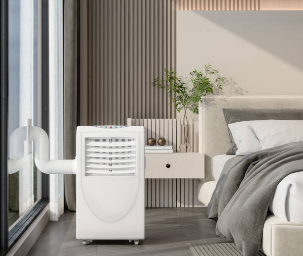 Mock up illustration of a portable ac unit installed in a bedroom 